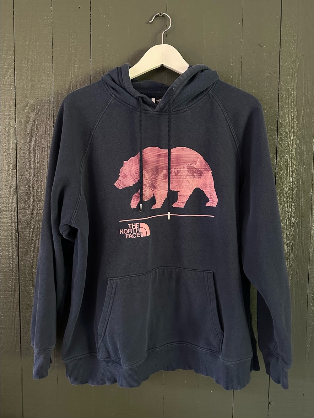 The North Face Navy Hoodie with Pink Bear Graphic